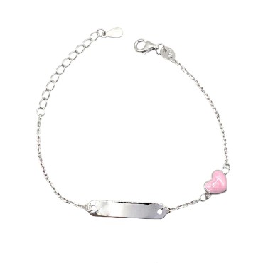 Bracciale maglia forzatina con targa centrale e cuore bombato laterale smaltato rosa placcato oro bianco in argento