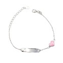 Bracciale maglia forzatina con targa centrale e cuore bombato laterale smaltato rosa placcato oro bianco in argento