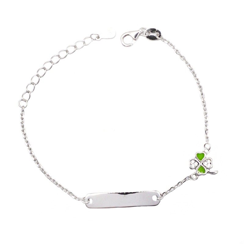 Bracciale maglia forzatina con targa centrale e quadrifoglio smaltato verde laterale placcato oro bianco in argento