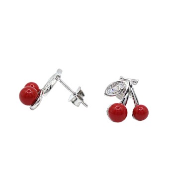 Orecchini a lobo ciliegia smaltata corallo e zirconata bianca  placcati oro bianco in argento 925