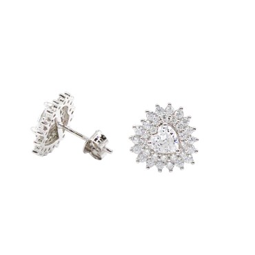 Orecchini al lobo con pietra a cuore bianca in doppia cornice di zirconi a bianchi placcati oro bianco in argento 925