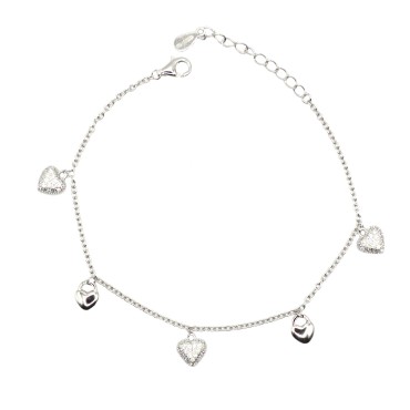 Bracciale maglia forzatina con cuori lisci e zirconati bombati bianchi pendenti placcato oro bianco in argento 925