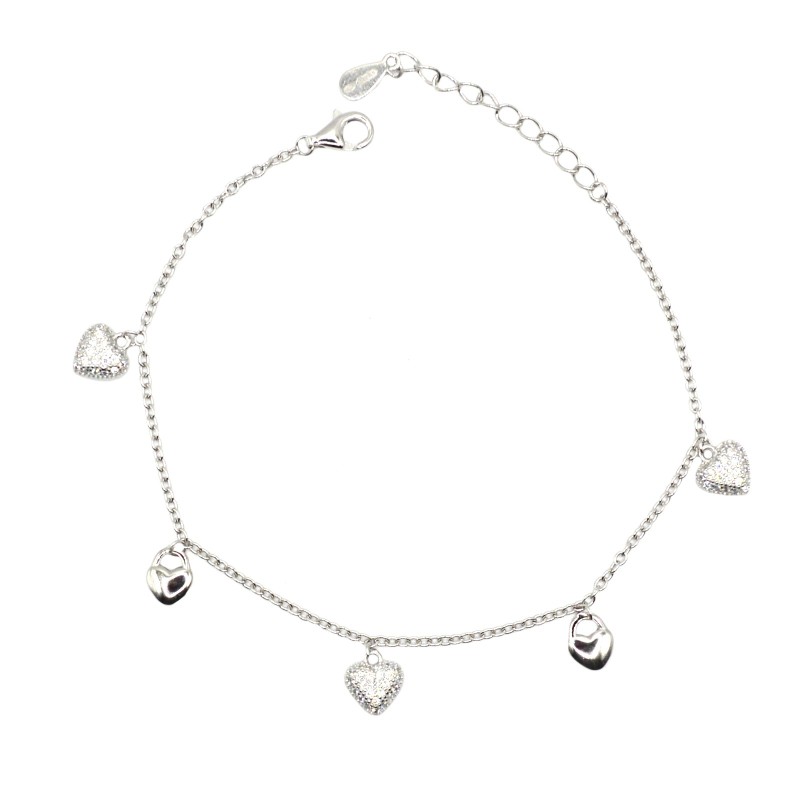Bracciale maglia forzatina con cuori lisci e zirconati bombati bianchi pendenti placcato oro bianco in argento 925