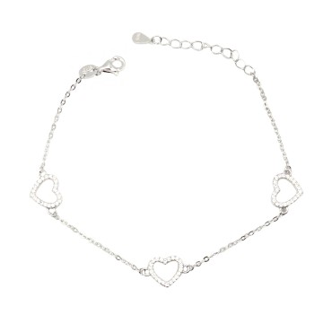 Bracciale maglia forzatina con 3 cuori sagoma zirconati bianchi placcato oro bianco in argento 925