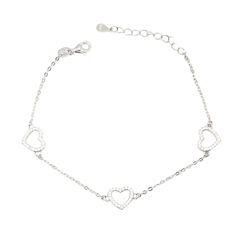 Bracciale maglia forzatina con 3 cuori sagoma zirconati bianchi placcato oro bianco in argento 925