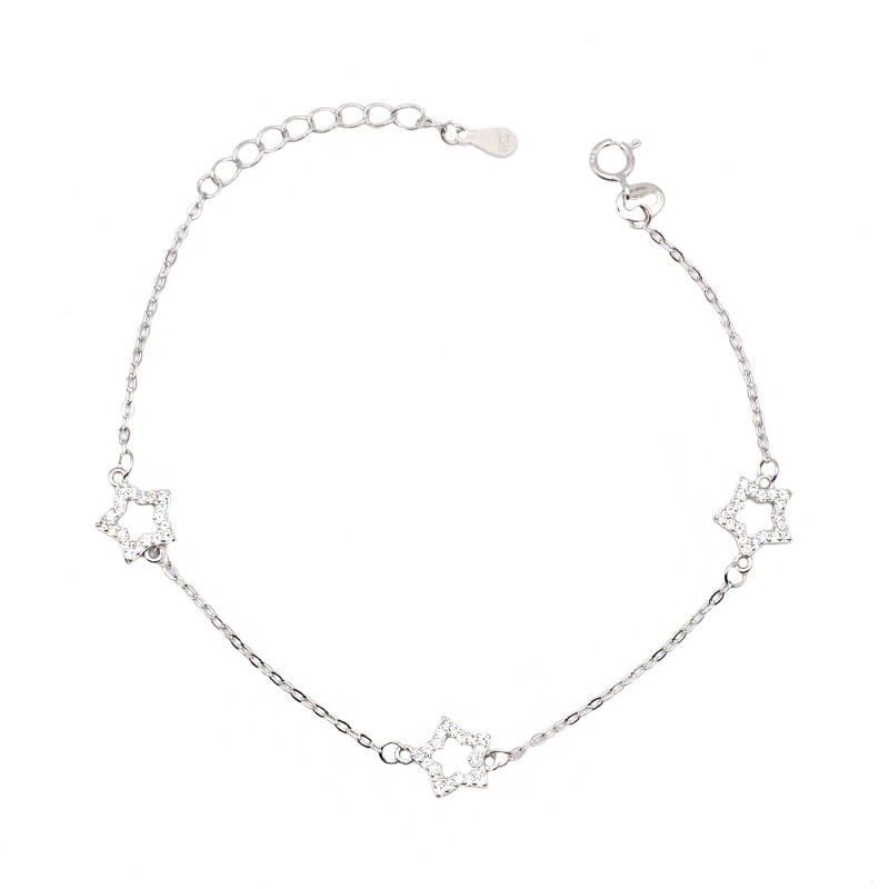 Bracciale maglia forzatina con 3 stelle sagoma zirconate bianche placcato oro bianco in argento 925