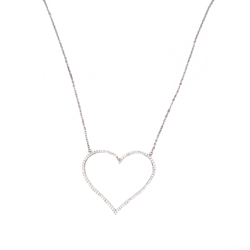 Collana maglia forzatina con centrale sagoma cuore zirconato bianco placcata oro bianco in argento 925