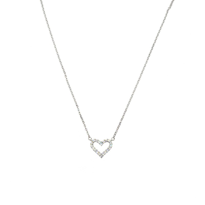 Collana maglia forzatina con centrale sagoma cuore zirconato bianco placcata oro bianco in argento 925
