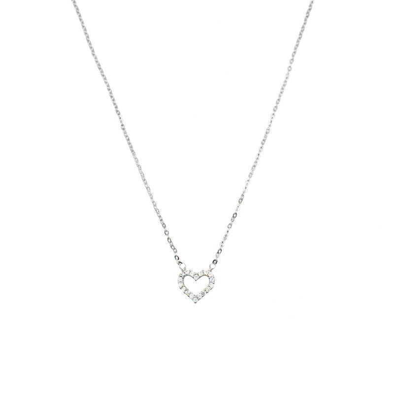 Collana maglia forzatina con centrale sagoma cuore zirconato bianco placcata oro bianco in argento 925
