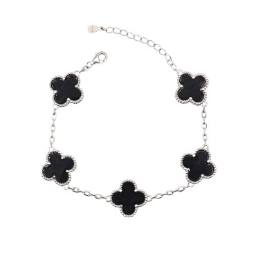 Bracciale maglia biscotto con quadrifogli smaltati neri placcato oro bianco in argento 925