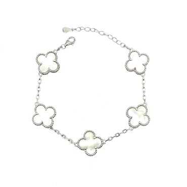 Bracciale maglia biscotto con quadrifogli smaltati madre perla placcato oro bianco in argento 925