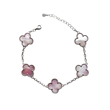 Bracciale maglia biscotto con quadrifogli smaltati rosa perlato placcato oro bianco in argento 925