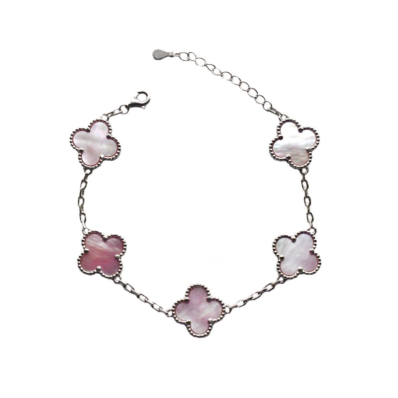 Bracciale maglia biscotto con quadrifogli smaltati rosa perlato placcato oro bianco in argento 925