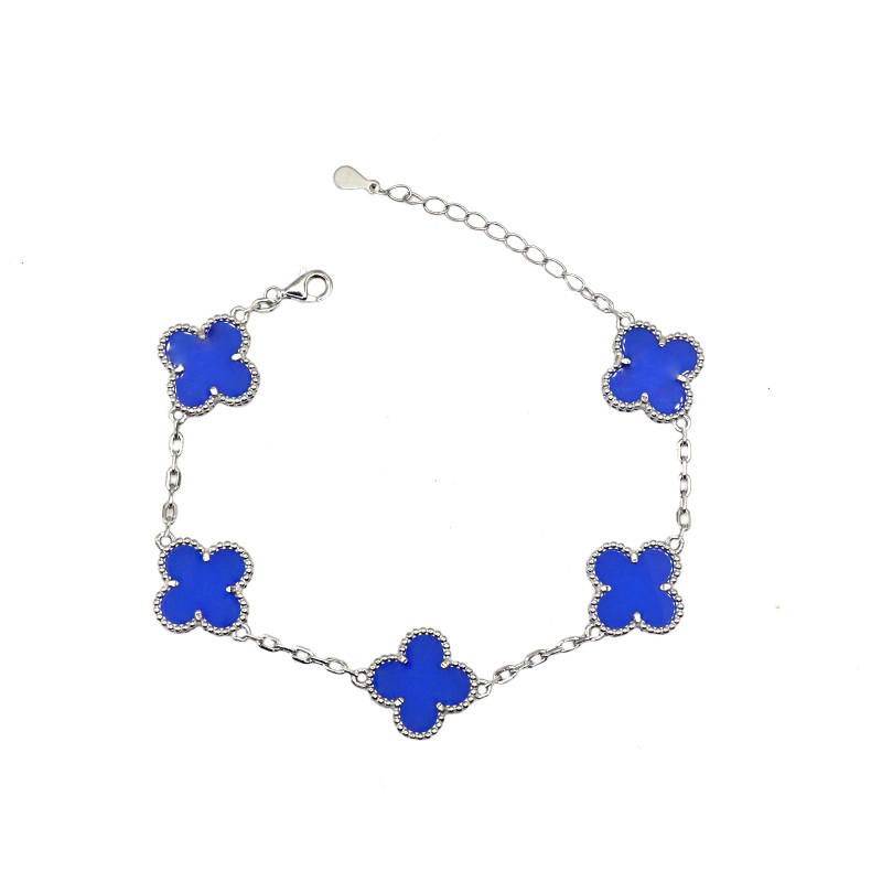 Bracciale maglia biscotto con quadrifogli smaltati blu placcato oro bianco in argento 925