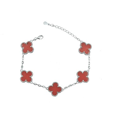 Bracciale maglia biscotto con quadrifogli smaltati rossi placcato oro bianco in argento 925