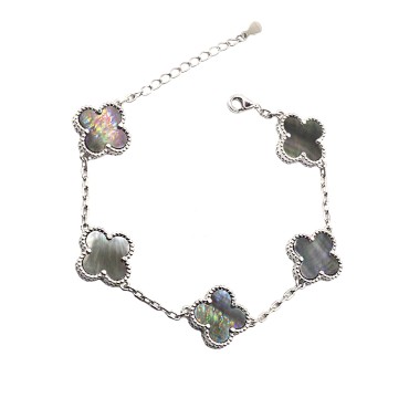 Bracciale maglia biscotto con quadrifogli smaltati grigio multicolor placcato oro bianco in argento 925