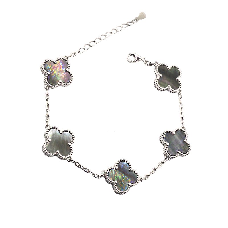 Bracciale maglia biscotto con quadrifogli smaltati grigio multicolor placcato oro bianco in argento 925