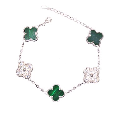 Bracciale maglia biscotto con quadrifogli smaltati verdi e zirconi bianchi placcato oro bianco in argento 925
