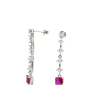 Orecchini pendenti tennis con zircone finale quadrato rosso placcati oro bianco in argento 925