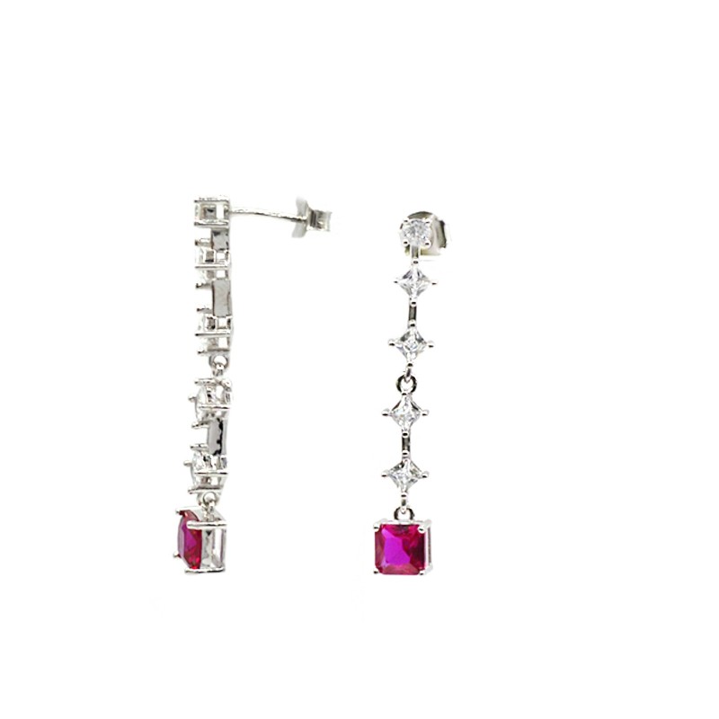 Orecchini pendenti tennis con zircone finale quadrato rosso placcati oro bianco in argento 925