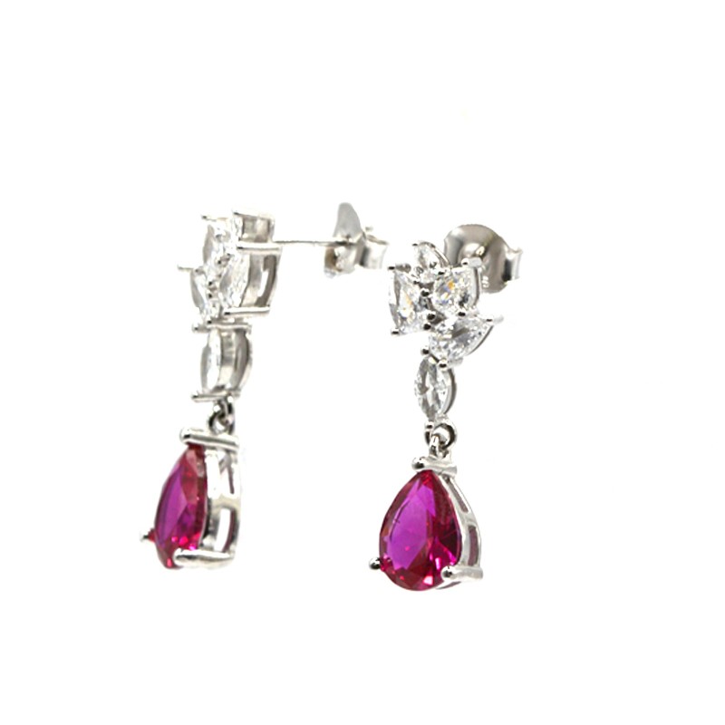 Orecchini pendenti con spole di zirconi bianchi e goccia rossa placcati oro bianco in argento 925