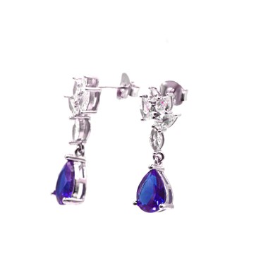 Orecchini pendenti con spole di zirconi bianchi e goccia blu placcati oro bianco in argento 925