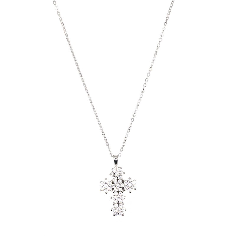 Collana croce con fiori di zirconi bianchi placcato oro bianco in argento 925