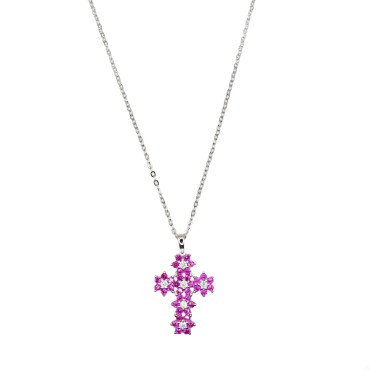 Ciondolo croce con fiori ,zircone centrale bianco in cornice di zirconi rossi placcato oro bianco in argento 925