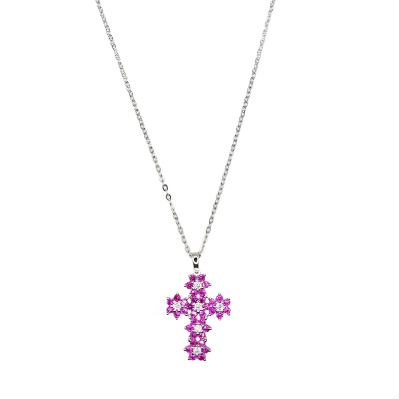 Ciondolo croce con fiori ,zircone centrale bianco in cornice di zirconi rossi placcato oro bianco in argento 925