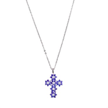 Ciondolo croce con fiori ,zircone centrale bianco in cornice di zirconi blu placcato oro bianco in argento 925
