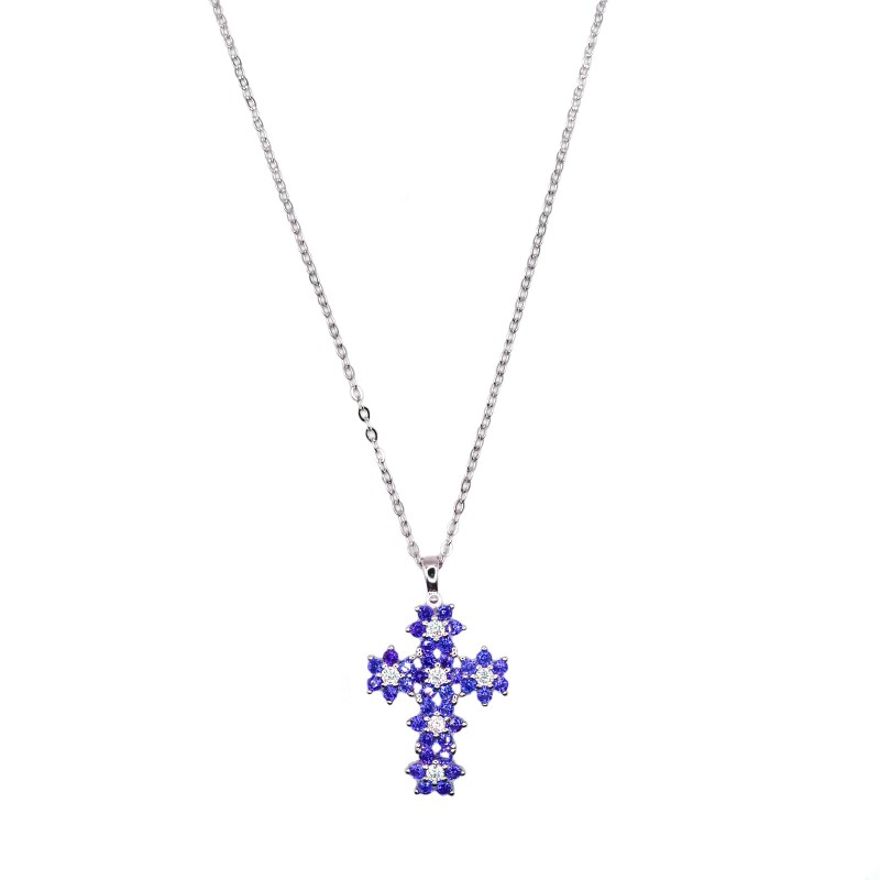 Ciondolo croce con fiori ,zircone centrale bianco in cornice di zirconi blu placcato oro bianco in argento 925