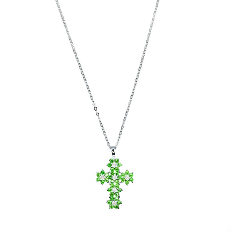 Ciondolo croce con fiori ,zircone centrale bianco in cornice di zirconi verde placcato oro bianco in argento 925