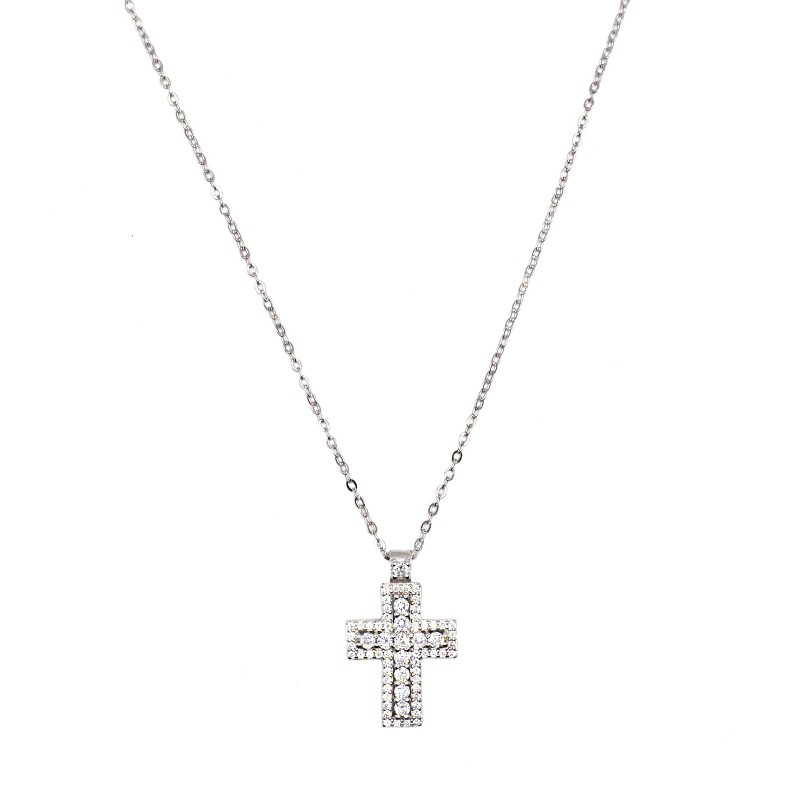 Collana croce zirconata bianca con centrale di zirconi bianchi placcato oro bianco in argento 925
