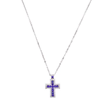 Collana croce zirconata bianca con centrale di blu placcato oro bianco in argento 925