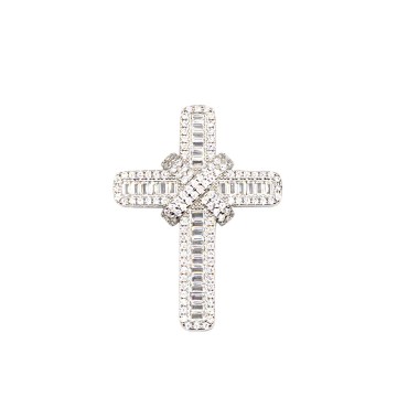 Ciondolo croce passante zirconata bianca con x centrale e baguette bianche placcato oro bianco in argento 925