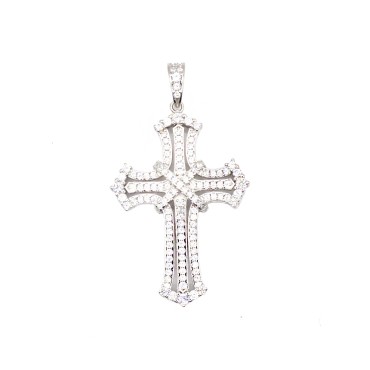 Ciondolo croce traforata e zirconata bianca con x centrale placcato oro bianco in argento 925