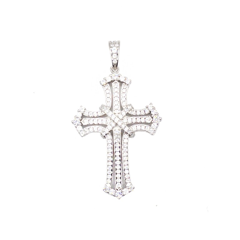 Ciondolo croce traforata e zirconata bianca con x centrale placcato oro bianco in argento 925