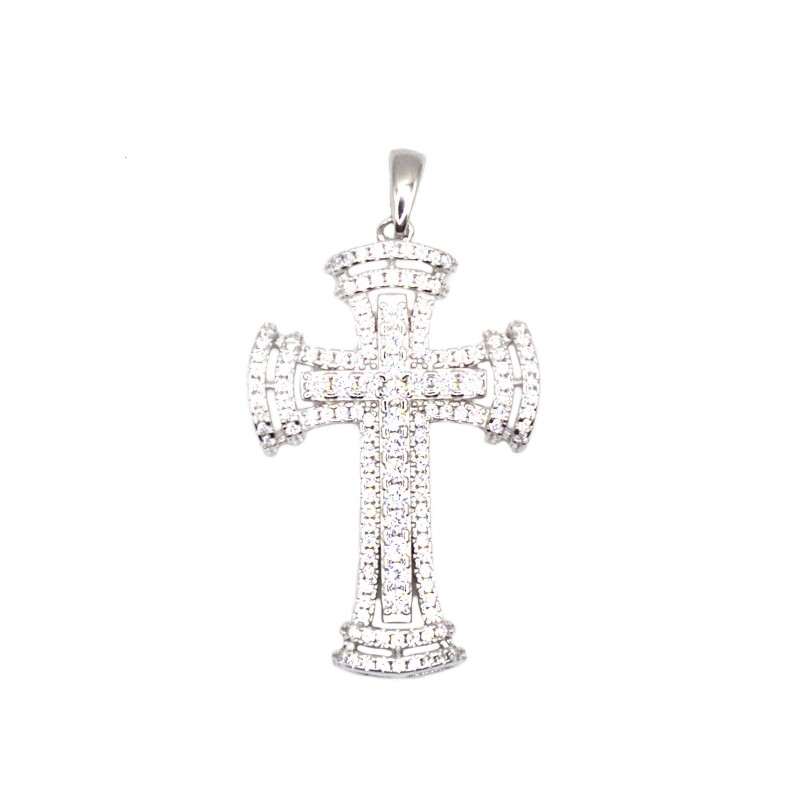 Ciondolo croce traforata e zirconata bianca placcato oro bianco in argento 925
