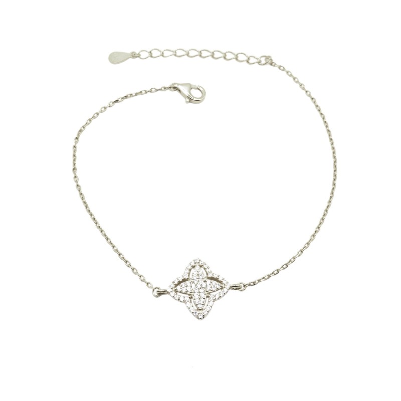 Bracciale maglia forzatina con fiore centrale zirconato bianco e traforato placcato oro bianco in argento 925