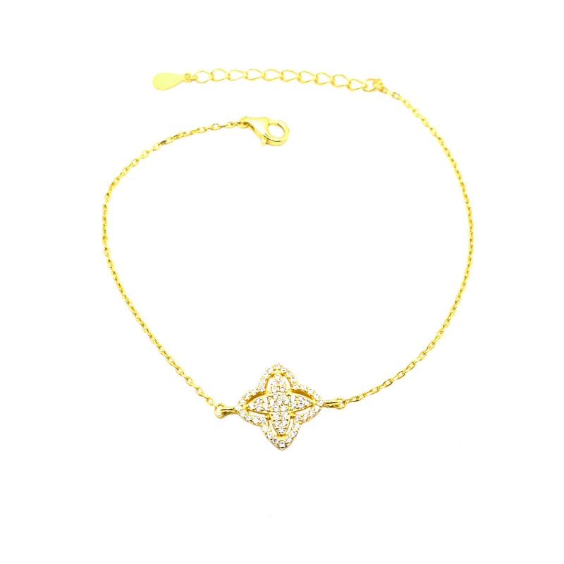 Bracciale maglia forzatina con fiore centrale zirconato bianco e traforato placcato oro giallo in argento 925