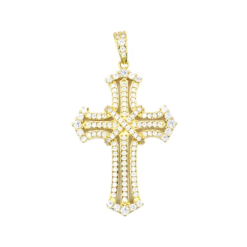 Ciondolo croce traforata e zirconata bianca con x centrale placcato oro giallo in argento 925