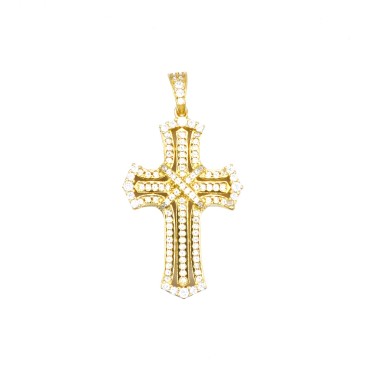 Ciondolo croce traforata e zirconata bianca con x centrale placcato oro giallo in argento 925