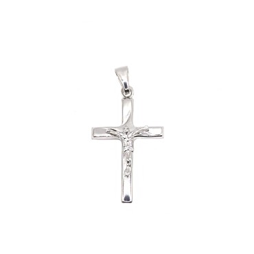 Ciondolo croce bombata con cristo microfuso placcato oro bianco in argento 925