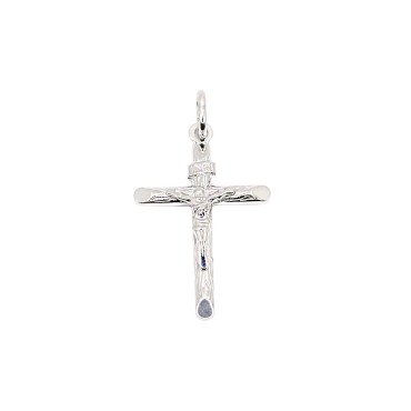 Ciondolo croce tubolare con cristo microfuso placcato oro bianco in argento 925
