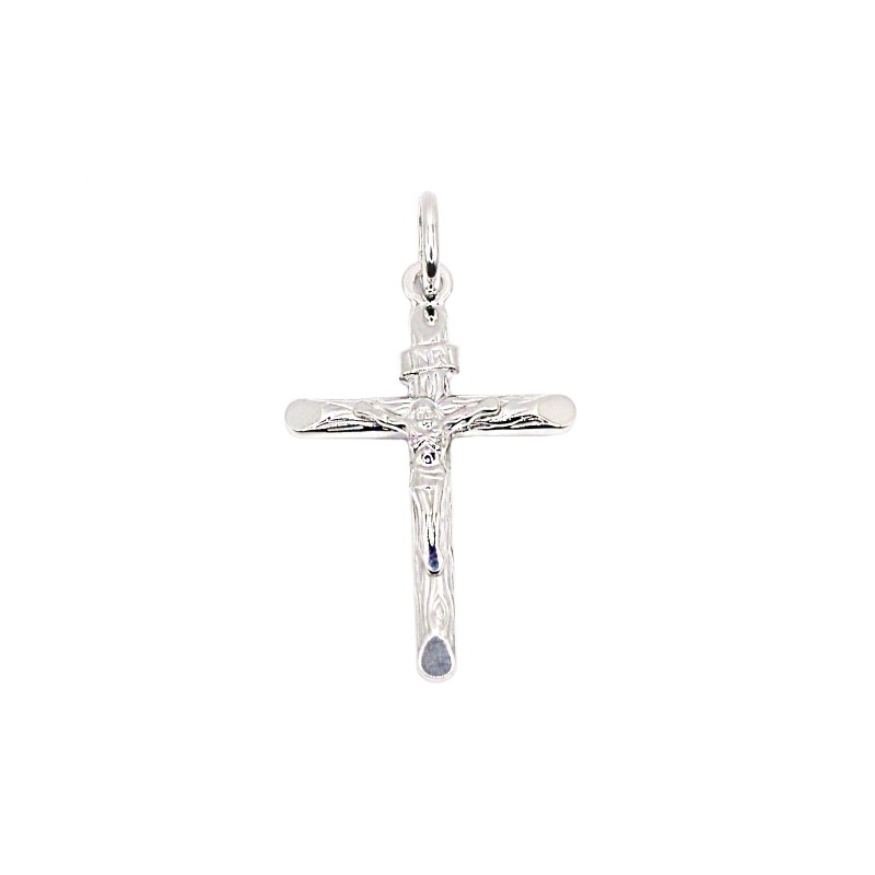 Ciondolo croce tubolare con cristo microfuso placcato oro bianco in argento 925