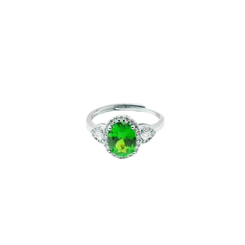 Anello regolabile con ovale verde in cornice di zirconi e foglie laterali bianchi placcato oro bianco in argento925