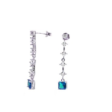 Orecchini pendenti tennis con zircone finale quadrato azzurro placcati oro bianco in argento 925
