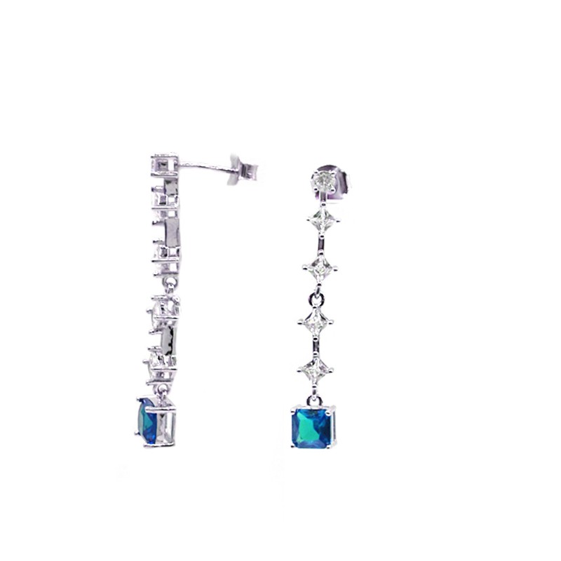 Orecchini pendenti tennis con zircone finale quadrato azzurro placcati oro bianco in argento 925