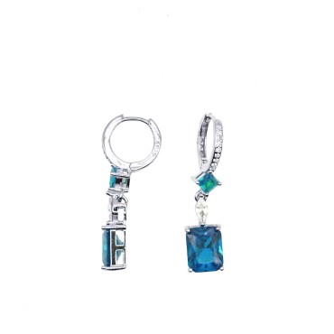 Orecchini cerchio zirconato bianco con spola bianca e rettangolo azzurro pendenti placcati oro bianco in argento 925