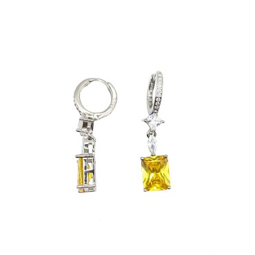 Orecchini cerchio zirconato bianco con spola bianca e rettangolo giallo pendenti placcati oro bianco in argento 925